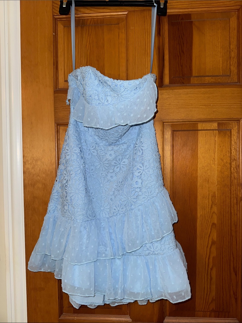 Strapless Light Blue Eyelet Ruffle Dress